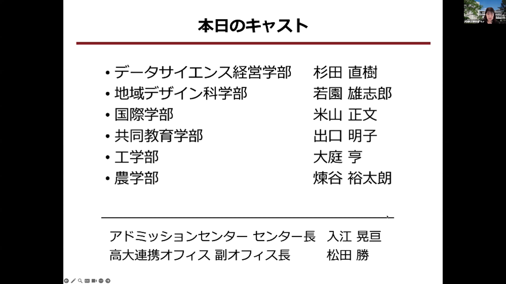 全学シンポジウムオンラインの画面（本日のキャスト：データサイエンス経営学部：杉田直樹教授、地域デザイン科学部：若園雄志郎准教授、共同教育学部：出口明子教授、工学部：大庭亨教授、農学部：煉谷裕太朗助教）